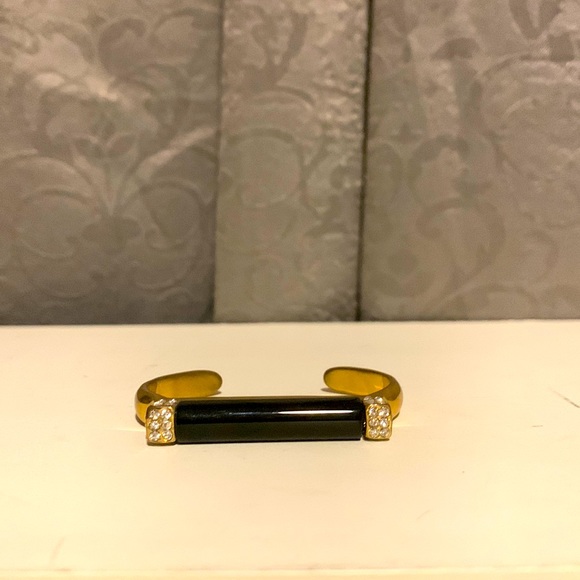 Jewelry - Gold cuff bracelet w/ black onyx rectangular charm w/ rhinestones along sides